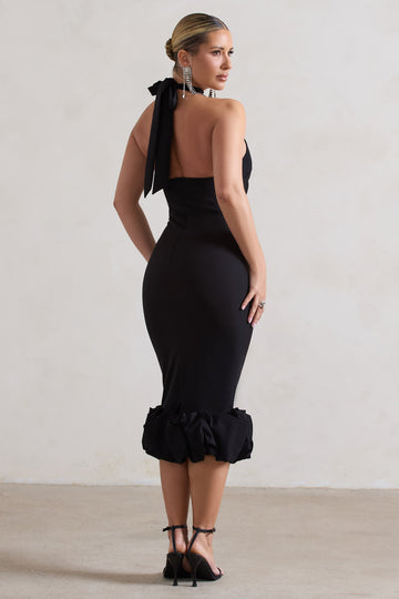 Ashton Black High-Neck Midi Dress With Ruffle Hem